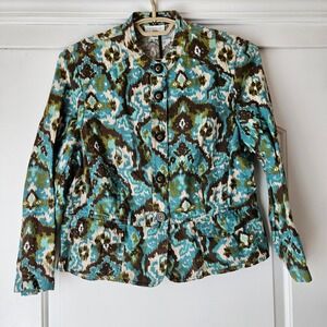Charter Club Petite 100% Linen Jacket Size Large Blue Brown Ikat Blazer Travel